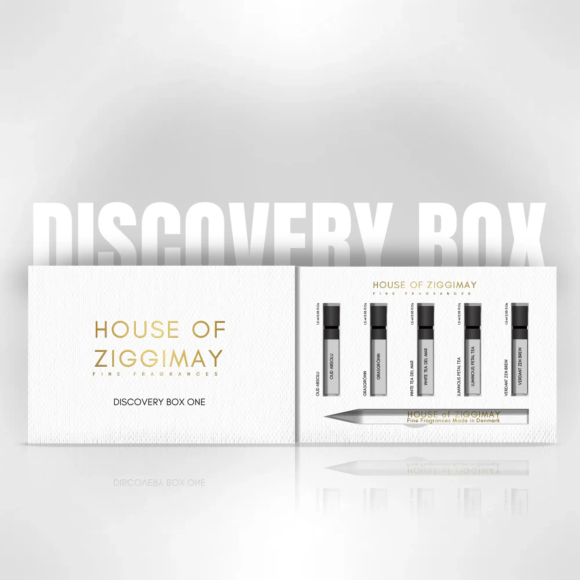 Discovery Box One: the lid and the tray with five sample vials