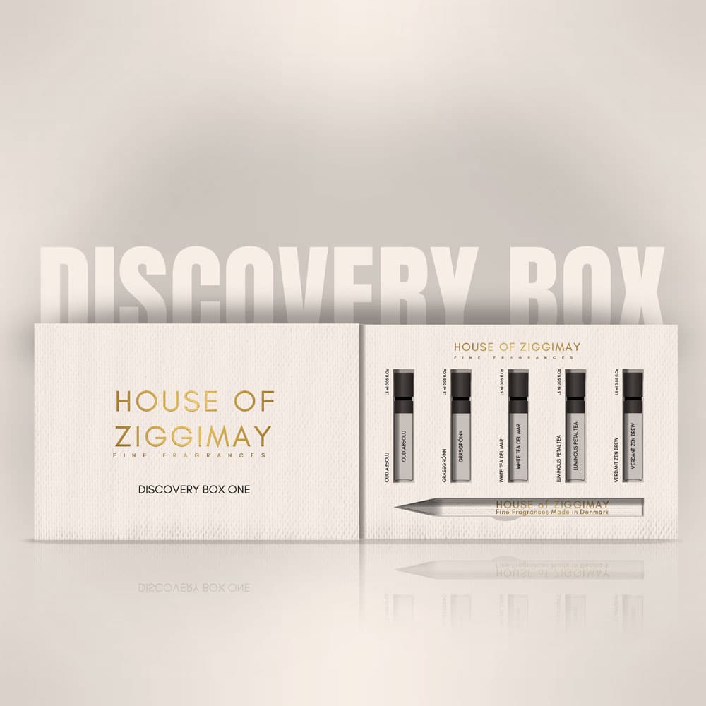 A box labeled HOUSE of ZIGGIMAY Discovery Box One is open to reveal five vertical vials of niche perfume and a pencil inside. The background features a faint reflection and the word DISCOVERY BOX ONE in large, light grey letters behind the box.