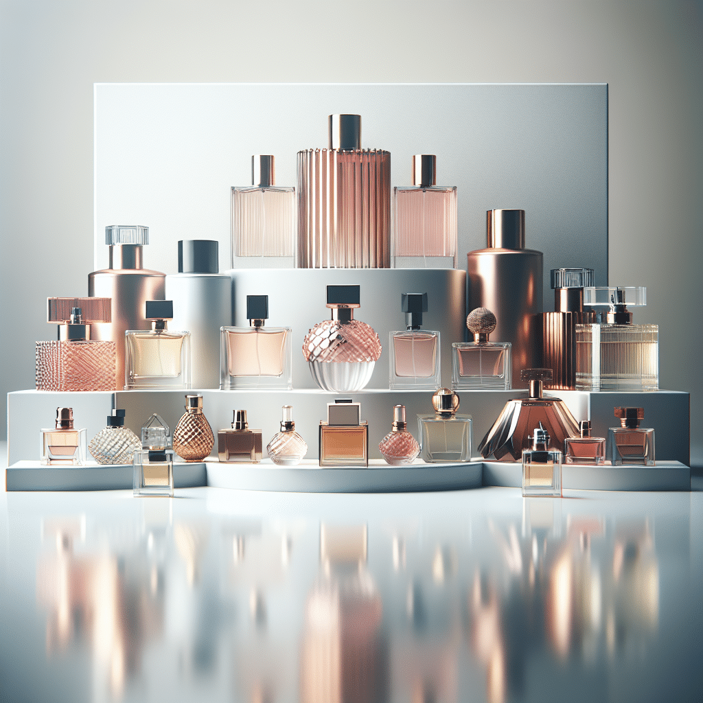 A variety of elegant perfume bottles in different shapes, sizes, and shades of pink, gold, and clear glass are arranged on tiered white shelves, reflected on a glossy surface—perfect for exploring perfume layering or discovering your signature scent.