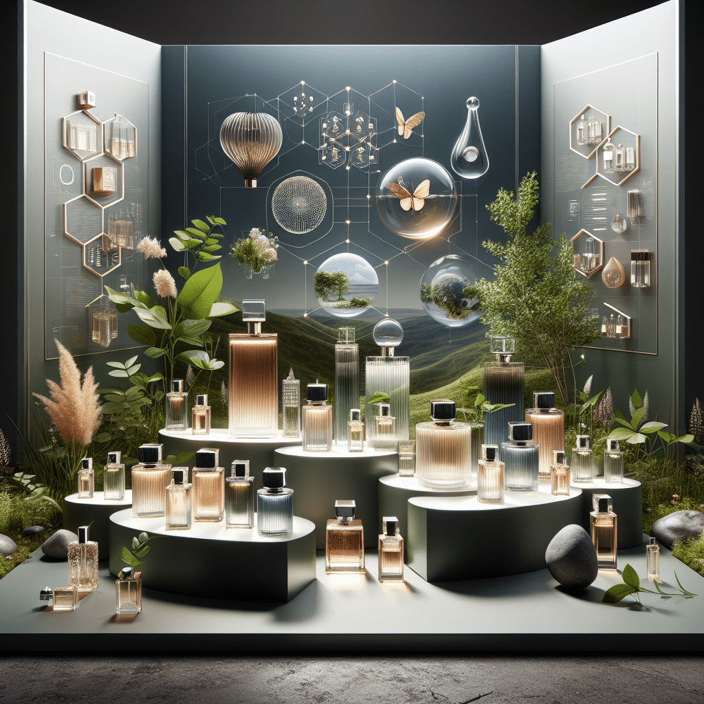 A display of fine fragrances is arranged among lush green plants and flowers, with scientific diagrams and nature imagery, such as butterflies and landscapes, featured on the illuminated backdrop.
