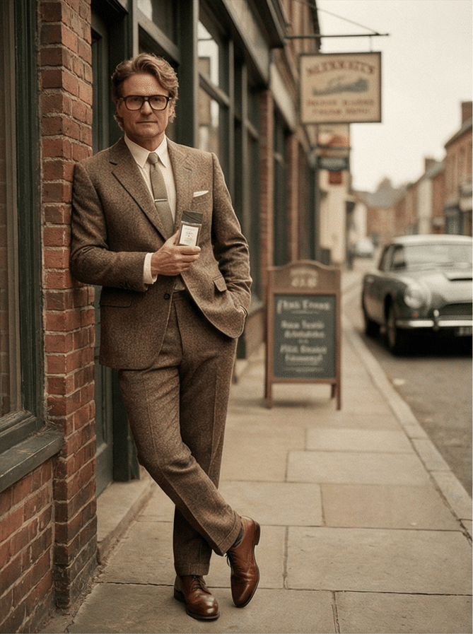 A man in a brown suit and tie stands on a sidewalk, leaning against a brick building, holding a small bottle of timeless perfumes. Vintage cars and shop signs in the background create a classic, retro street scene.