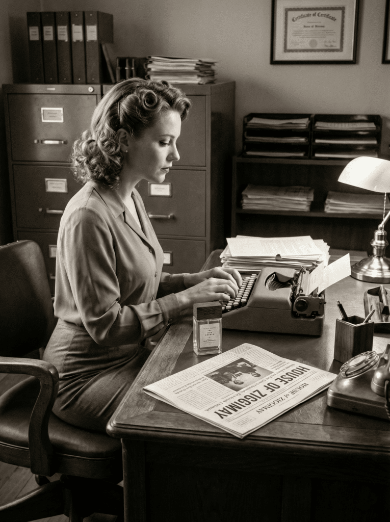 A woman in vintage clothing types on a typewriter at a desk cluttered with papers, a rotary phone, a lamp, and a newspaper. Filing cabinets and framed certificates are visible in the background, evoking an era as classic as timeless perfumes.