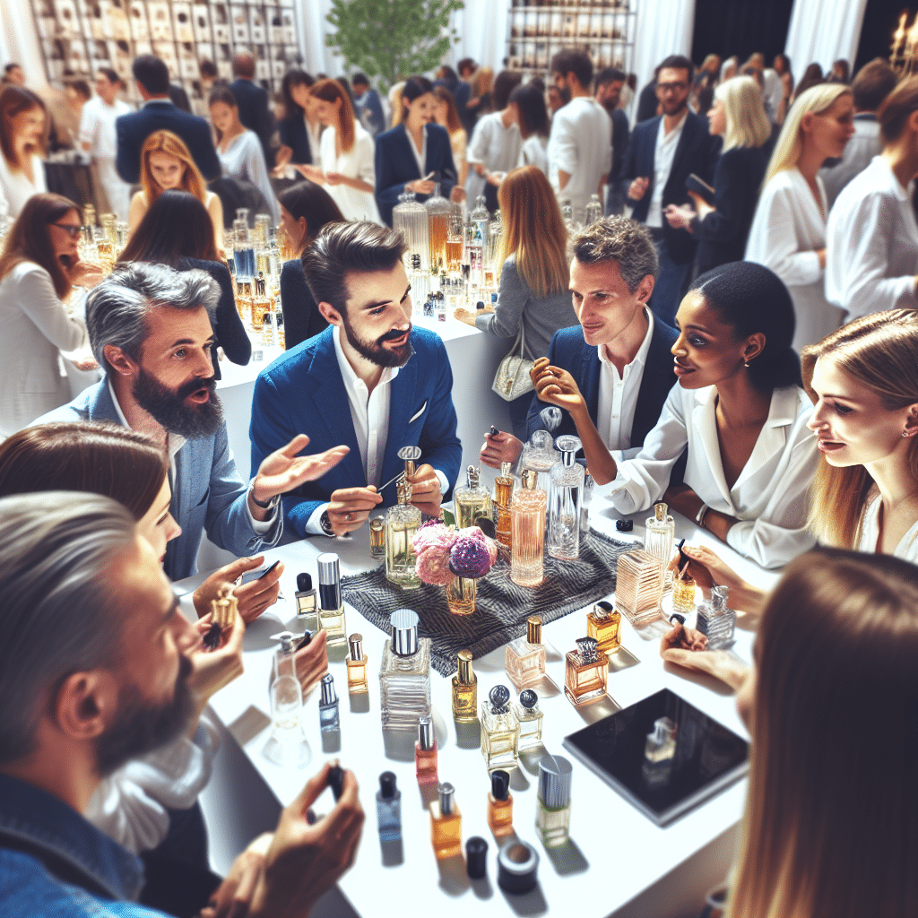 A diverse group of well-dressed people enthusiastically discuss various perfume bottles at a busy, elegant fragrance event, exploring an exquisite perfume collection surrounded by shelves and attendees sampling luxury scents.