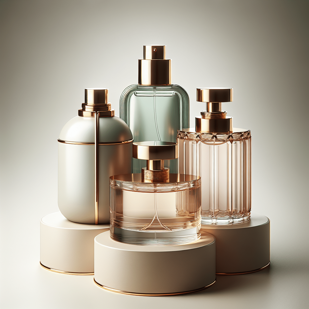 A variety of elegant perfume bottles in different shapes, sizes, and shades of pink, gold, and clear glass are arranged on tiered white shelves, reflected on a glossy surface perfect for exploring perfume layering or discovering your signature scent.