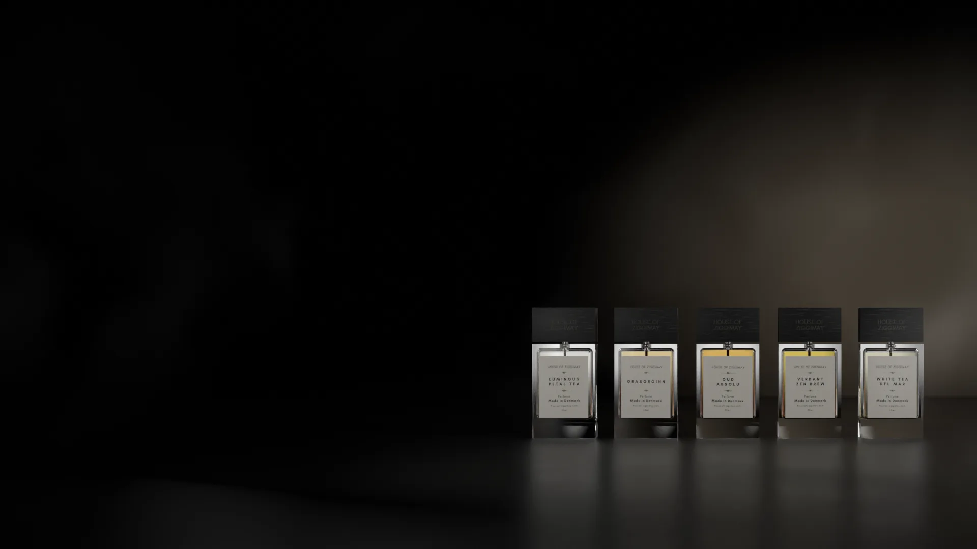 The five HOUSE OF ZIGGIMAY perfumes in a row on dark stone